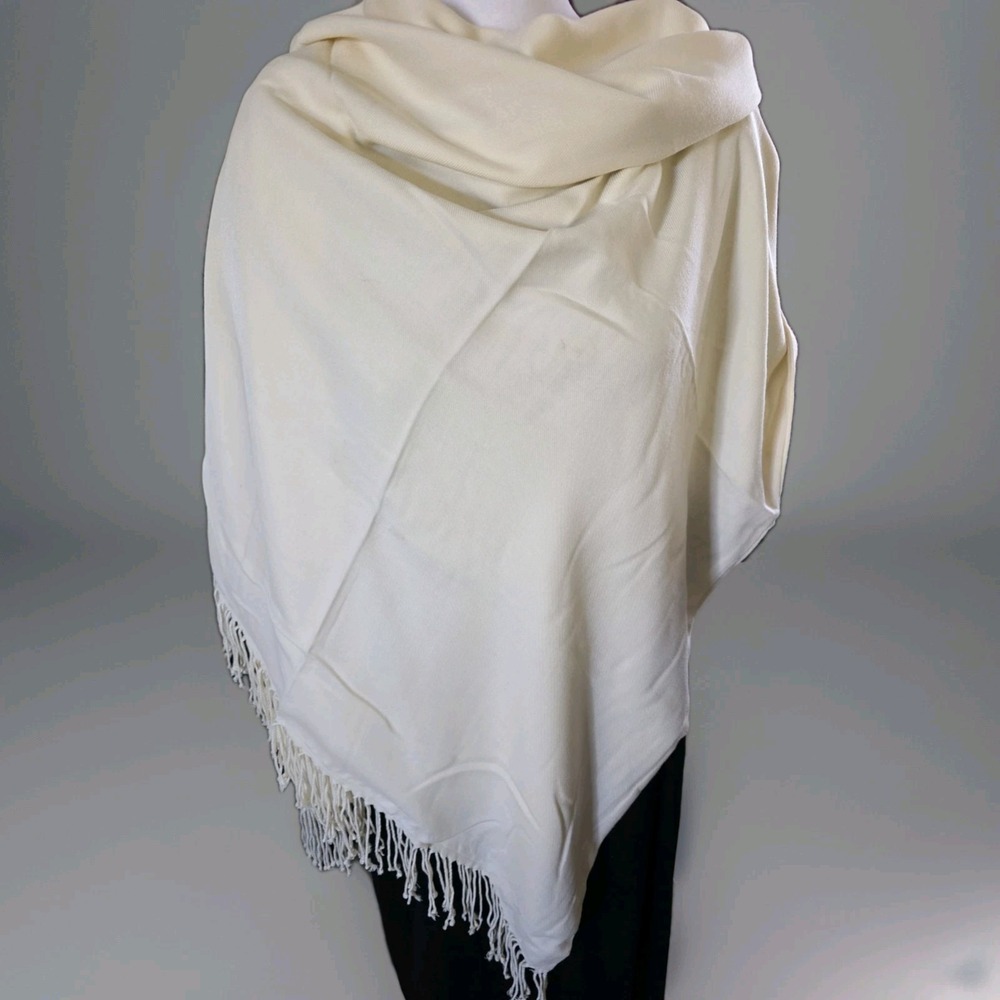 Cream Pashmina Style Shawl Wrap Fringe Soft Cashmere Silk Blend Made in Turkey - Picture 2 of 12